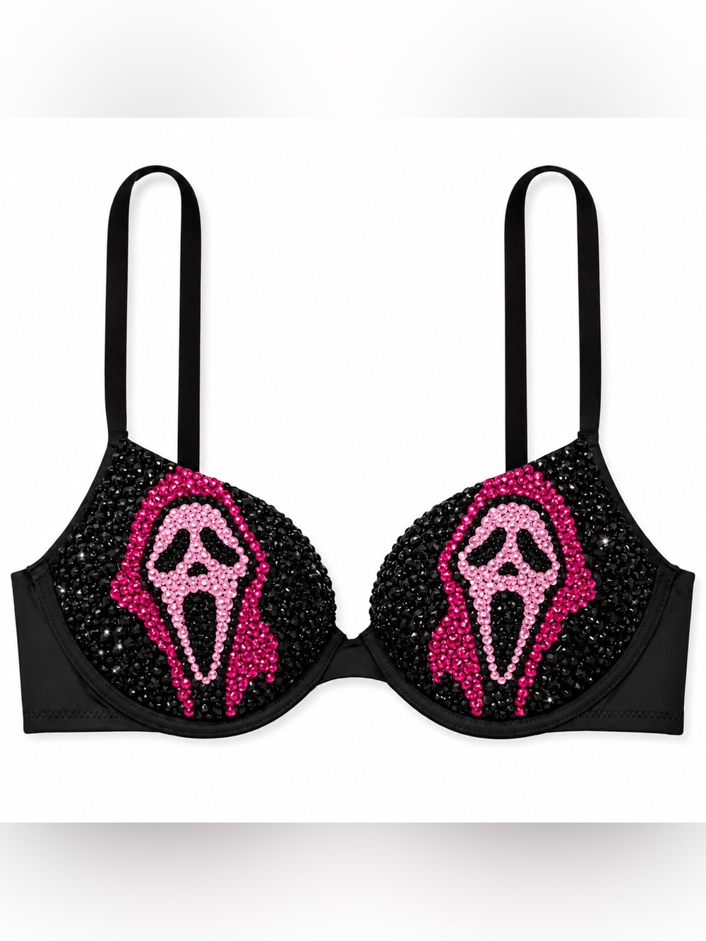 34DD Ghost Face Design Black White Pink Crystal Glam Horror Theme Bra Top
